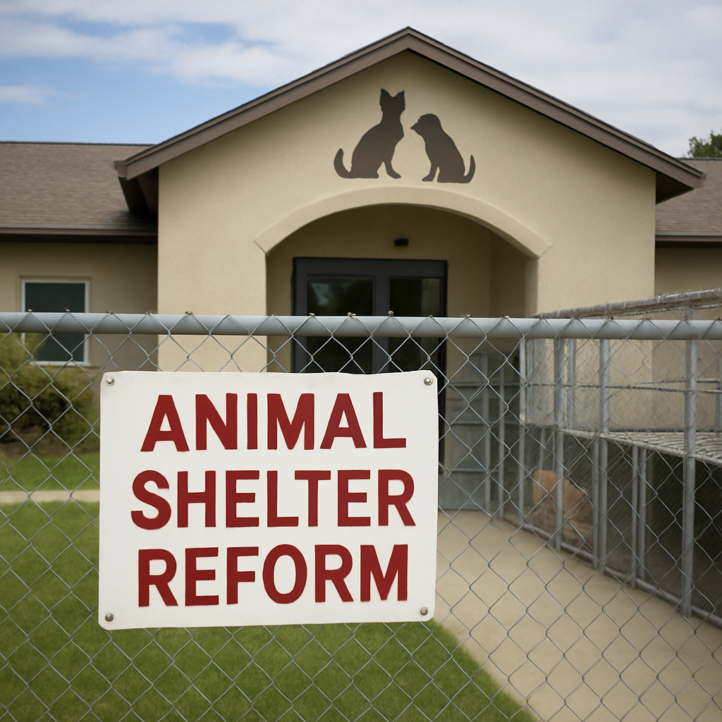 Sign promoting reform at an animal shelter, with a building in the background.