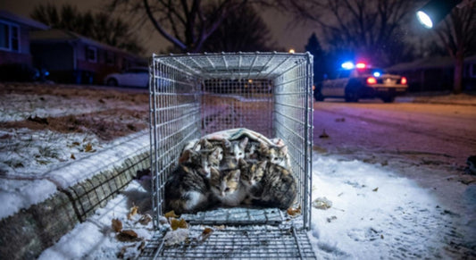 A group of kittens huddle together in a snowy trap at night.