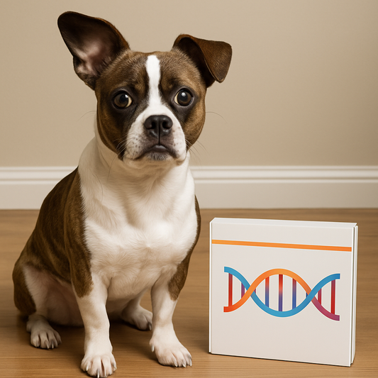 A curious dog sits beside a DNA testing kit on a wooden floor.