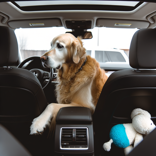 Golden retriever in a car with a toy.