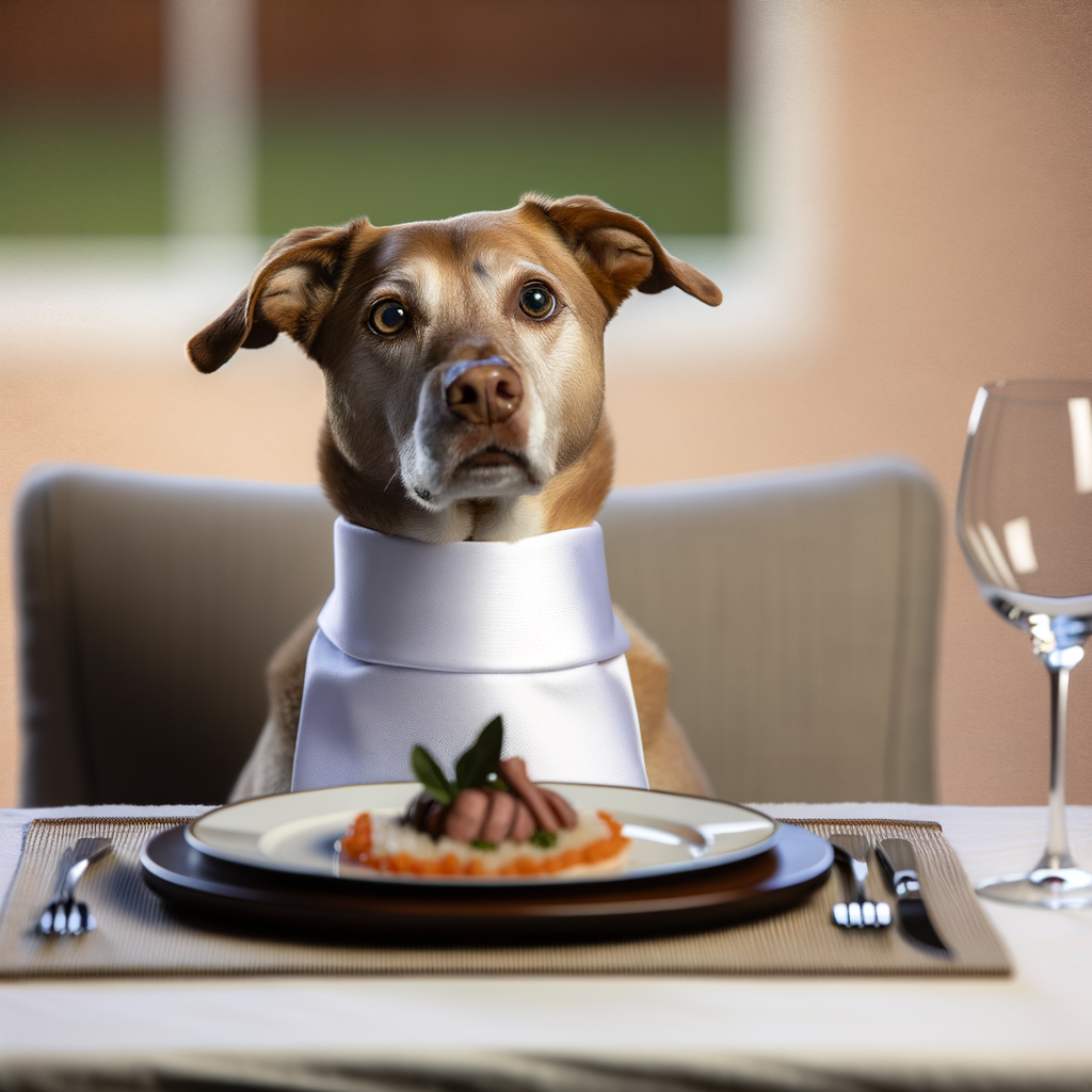 Dog dressed for dinner, awaiting a gourmet meal.