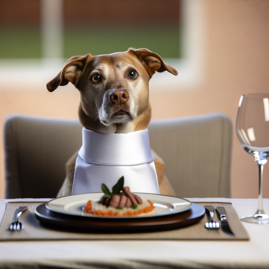 Dog dressed for dinner, awaiting a gourmet meal.