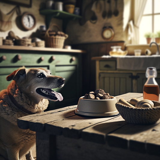 Dog eagerly waiting by a bowl of food.