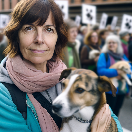 Julia Tice holding rescued dog at animal advocacy event