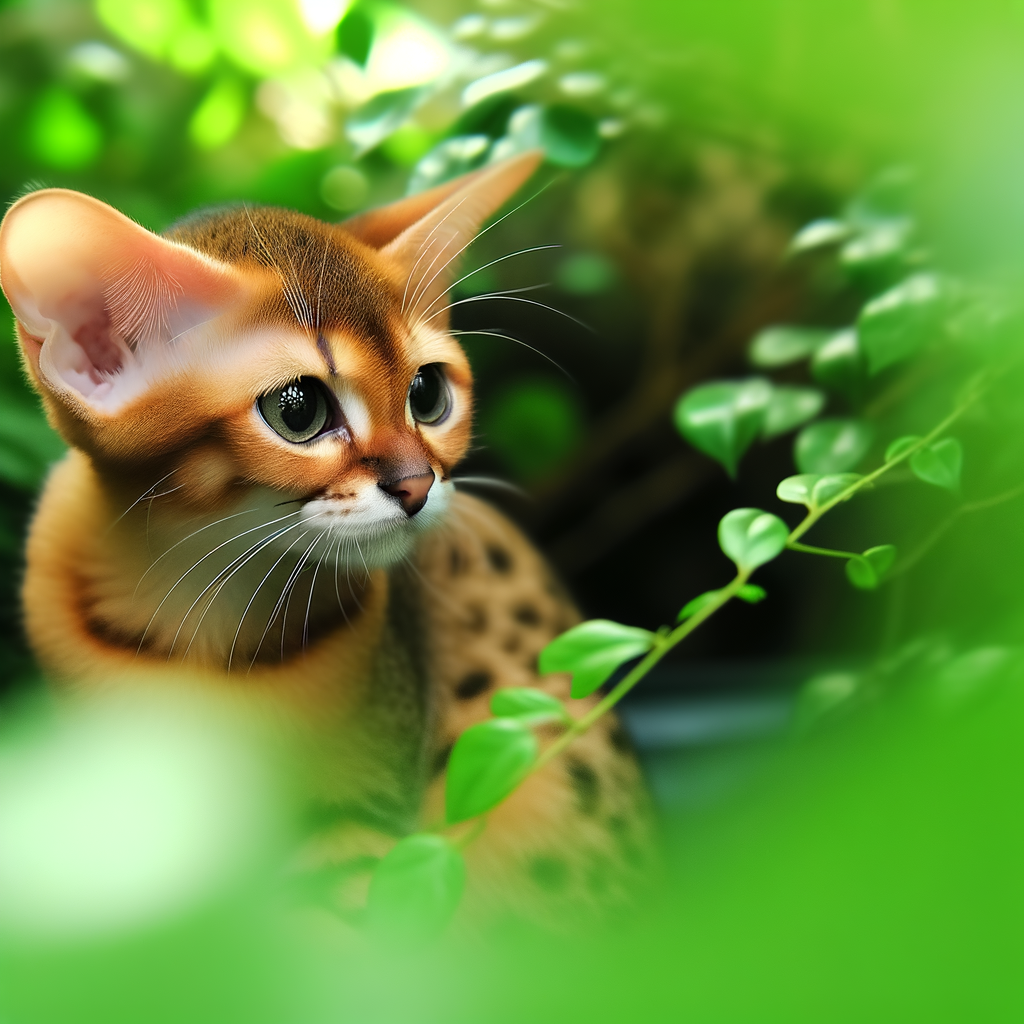 Rusty-spotted cat close-up among green foliage