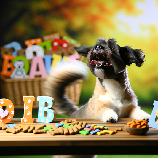 Happy dog with treats and colorful decorations.