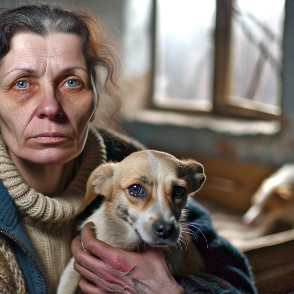 Ukrainian volunteer woman holding mixed-breed dog shelter