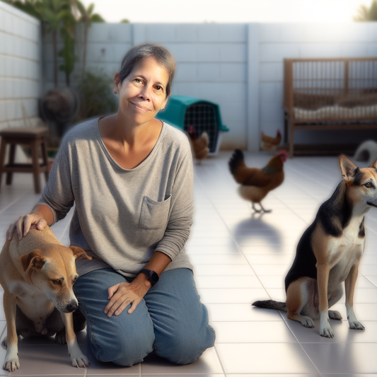 Middle-aged woman caring for dogs in sunny backyard