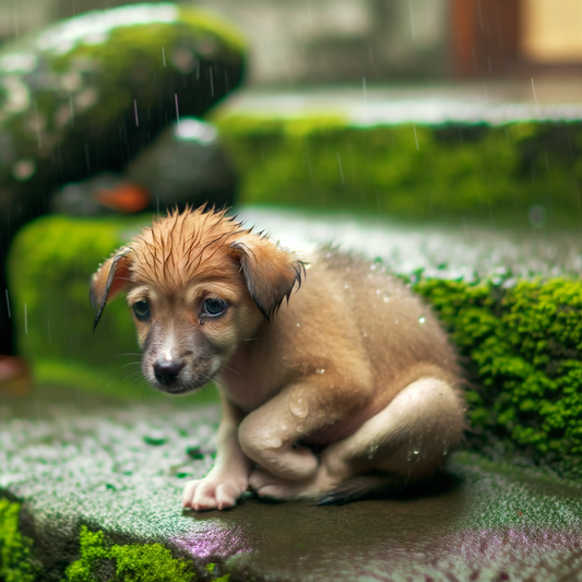 A wet puppy sitting on mossy steps.
