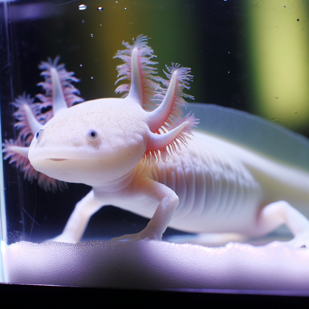 Close-up glowing axolotl with regenerating limb aquarium