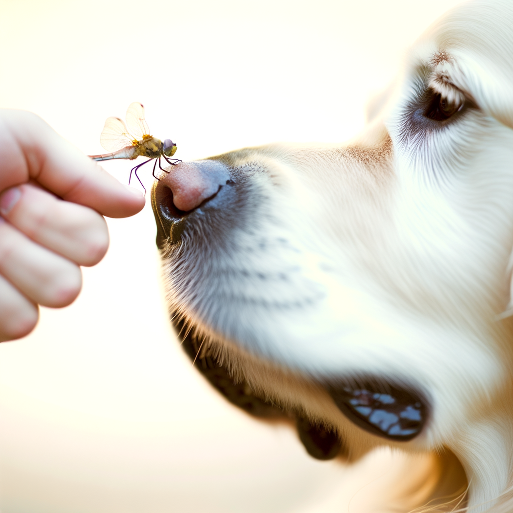 Dog gently interacting with a dragonfly on a finger.