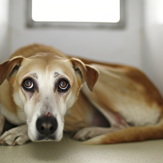 Emaciated tan and white dog resting in shelter