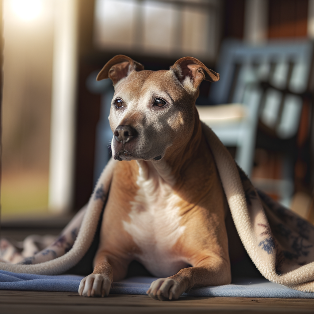 Senior pit bull terrier mix wrapped in cozy blanket