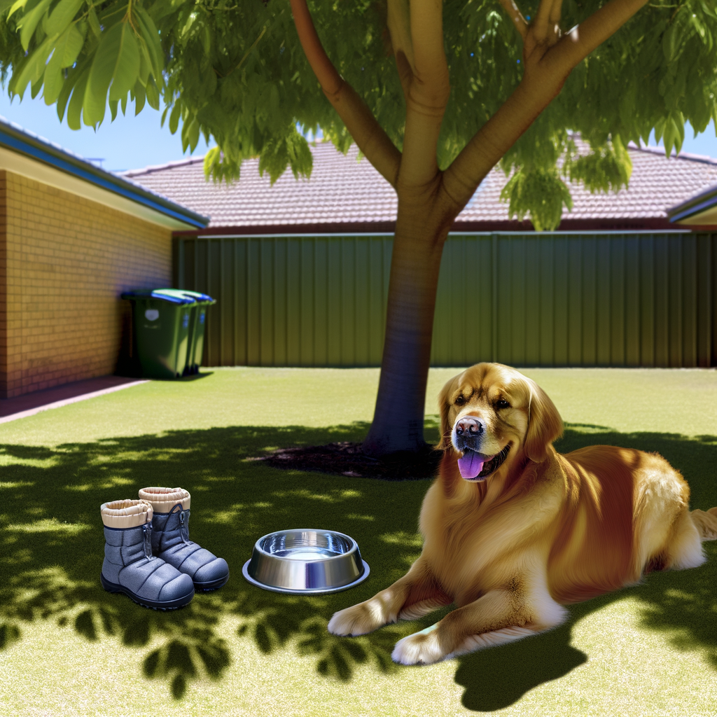 Golden retriever resting in shade with pet boots
