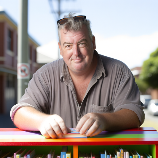 Middle-aged Australian man arranging children's books outdoors