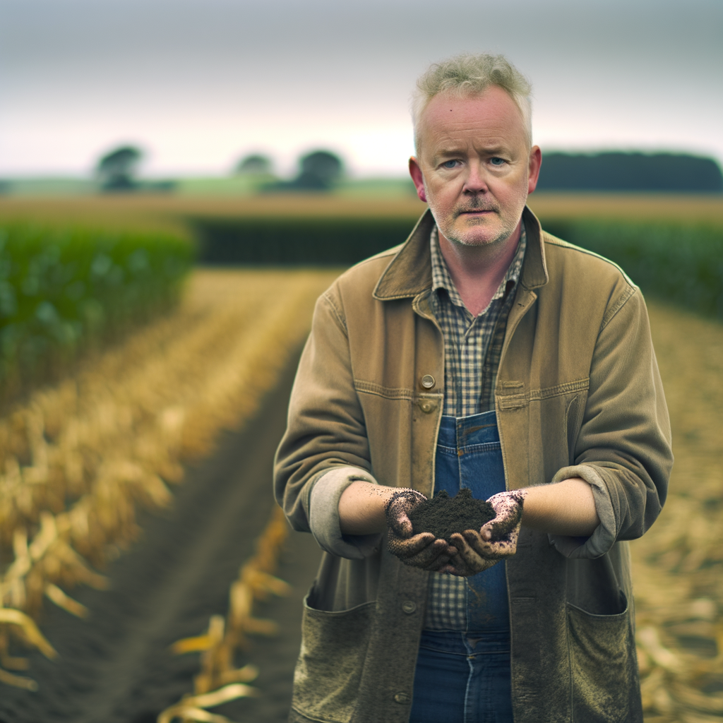 Middle-aged British farmer holding soil in maize field