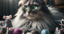 Cat wearing a crown surrounded by playful mice and yarn.