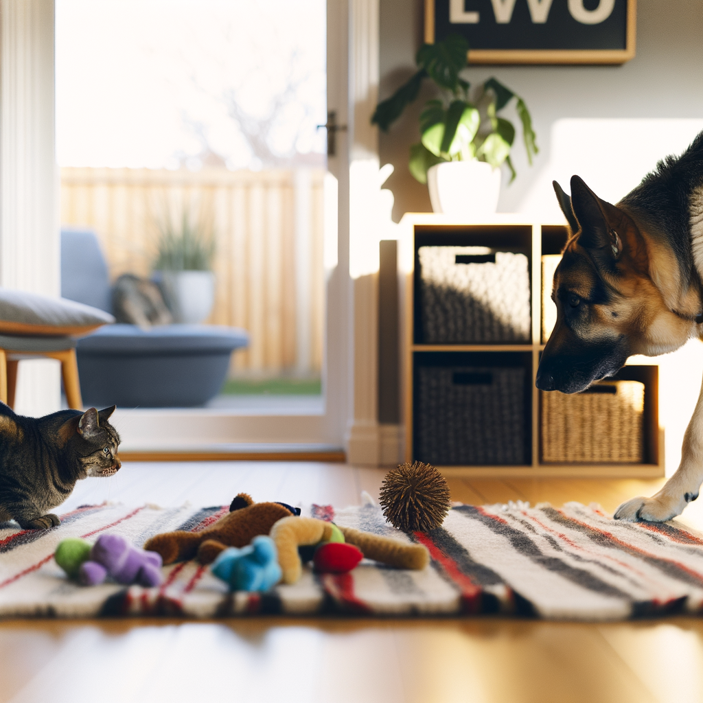 Cat and dog playing with toys indoors.