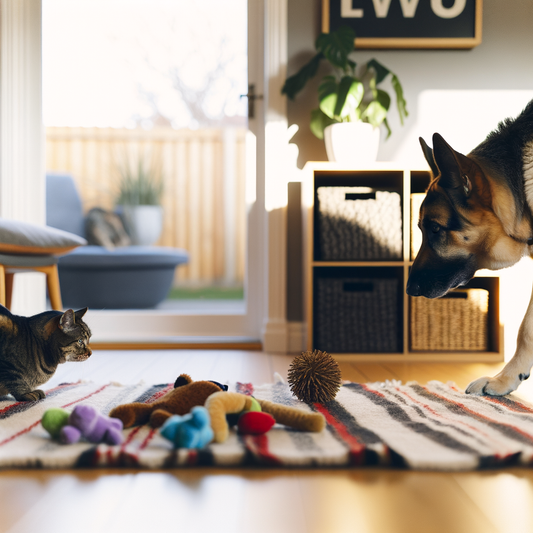 Cat and dog playing with toys indoors.