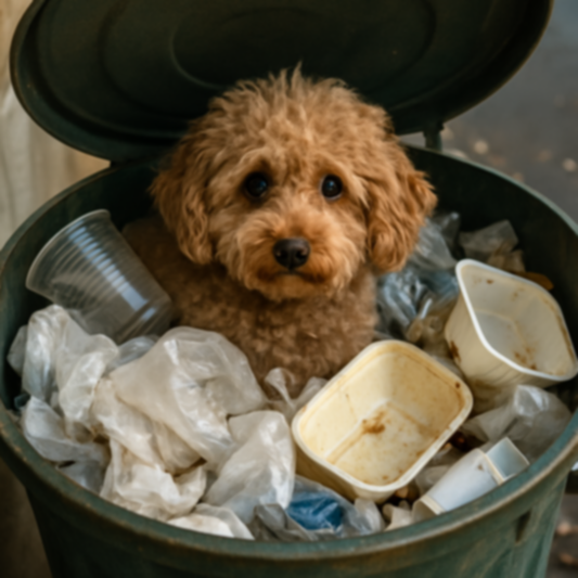 A fluffy dog peeks out from a trash bin filled with waste.