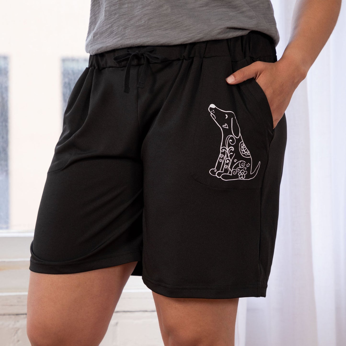 Women's Black Drawstring Paw Bermuda Shorts