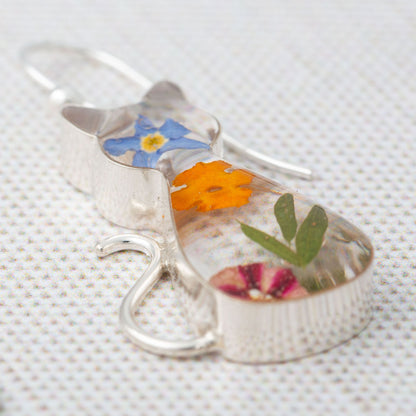 Real Flowers & Sterling Cat Earrings