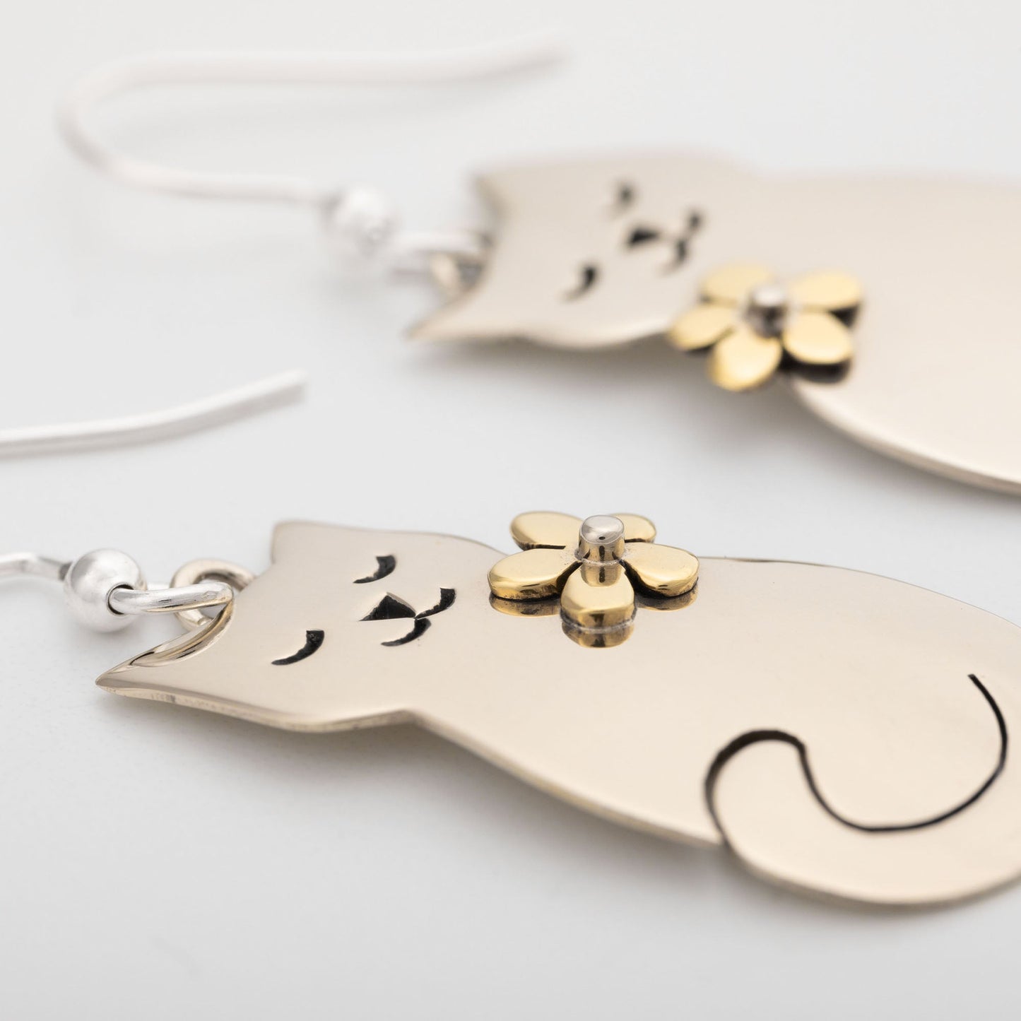 Cat & Flower Mixed Metal Earrings