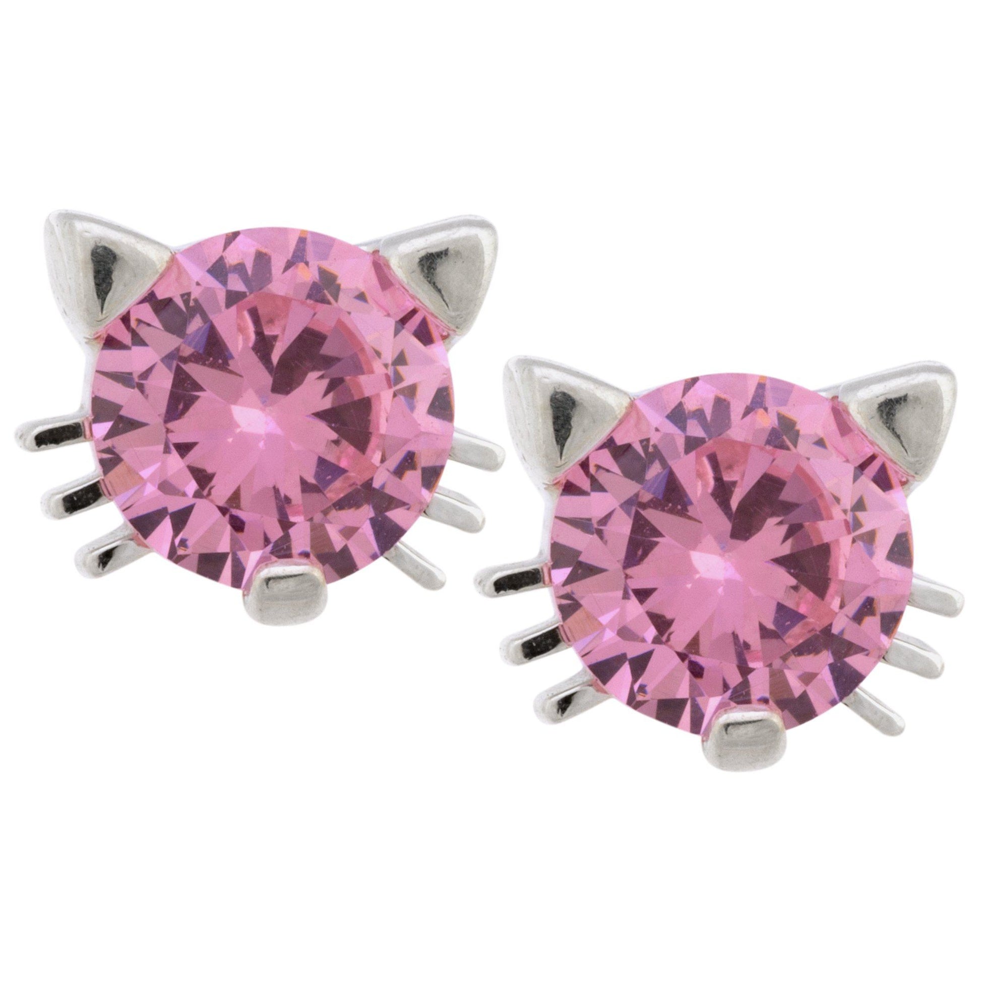 Cat Face Sterling Birthstone Earrings