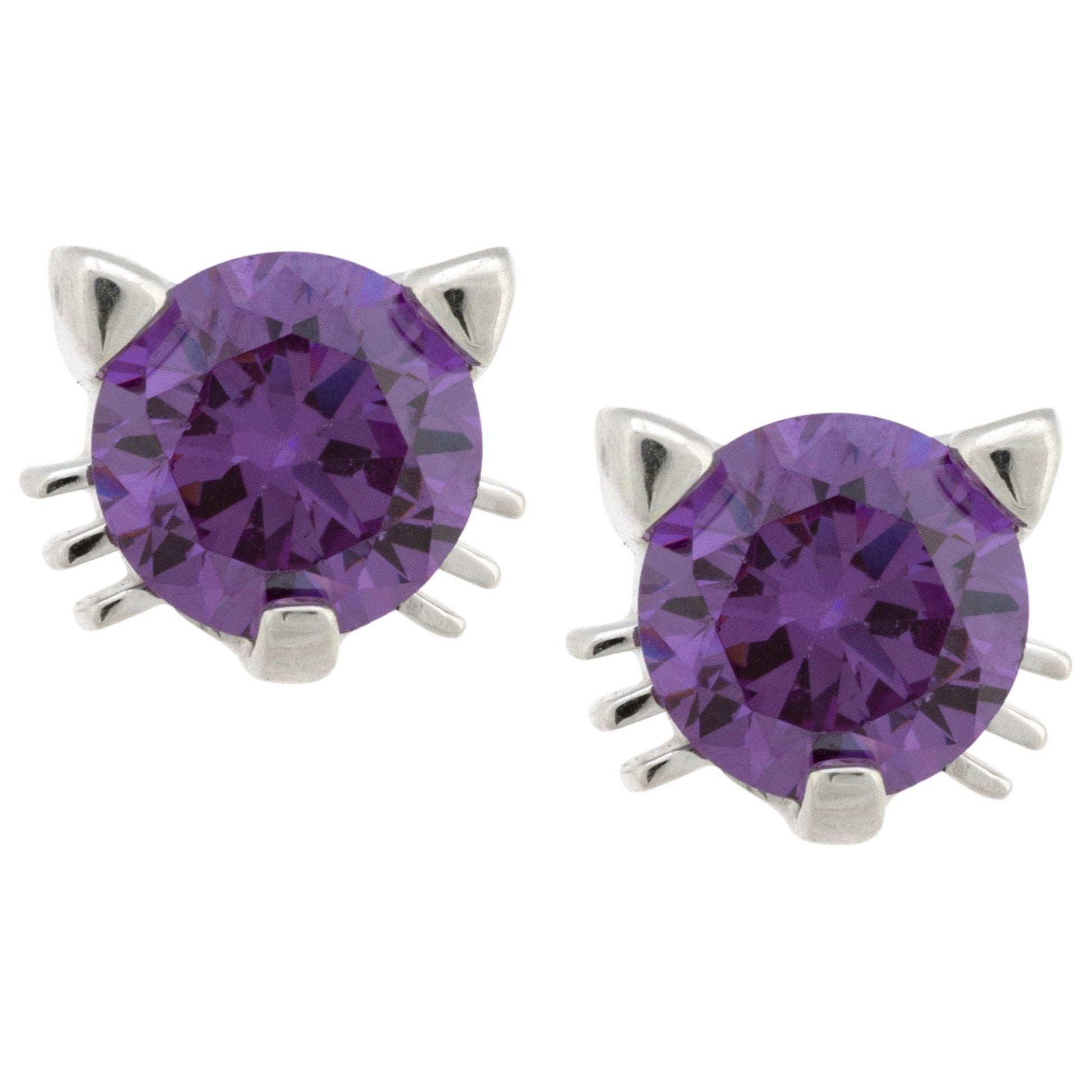 Cat Face Sterling Birthstone Earrings