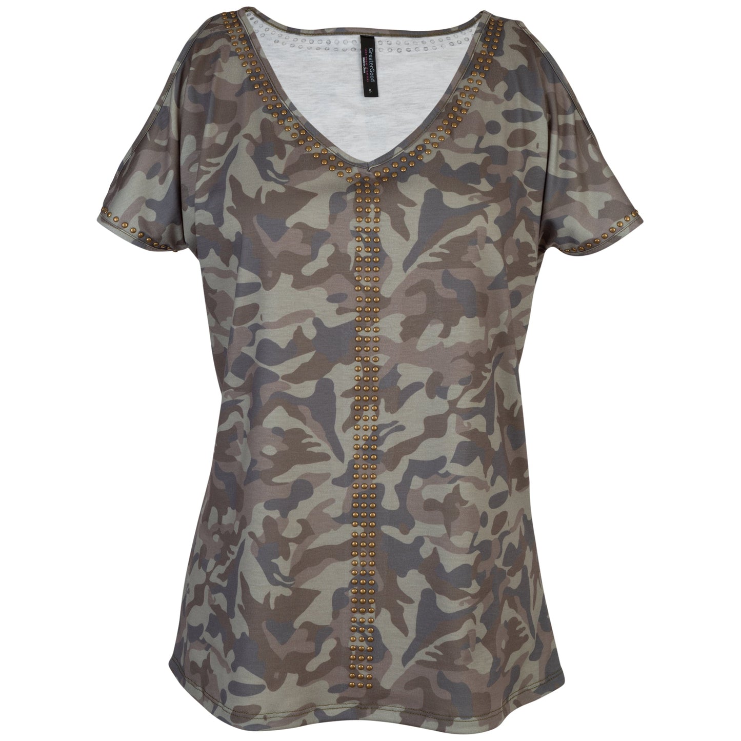 Camo Studded V-Neck Top