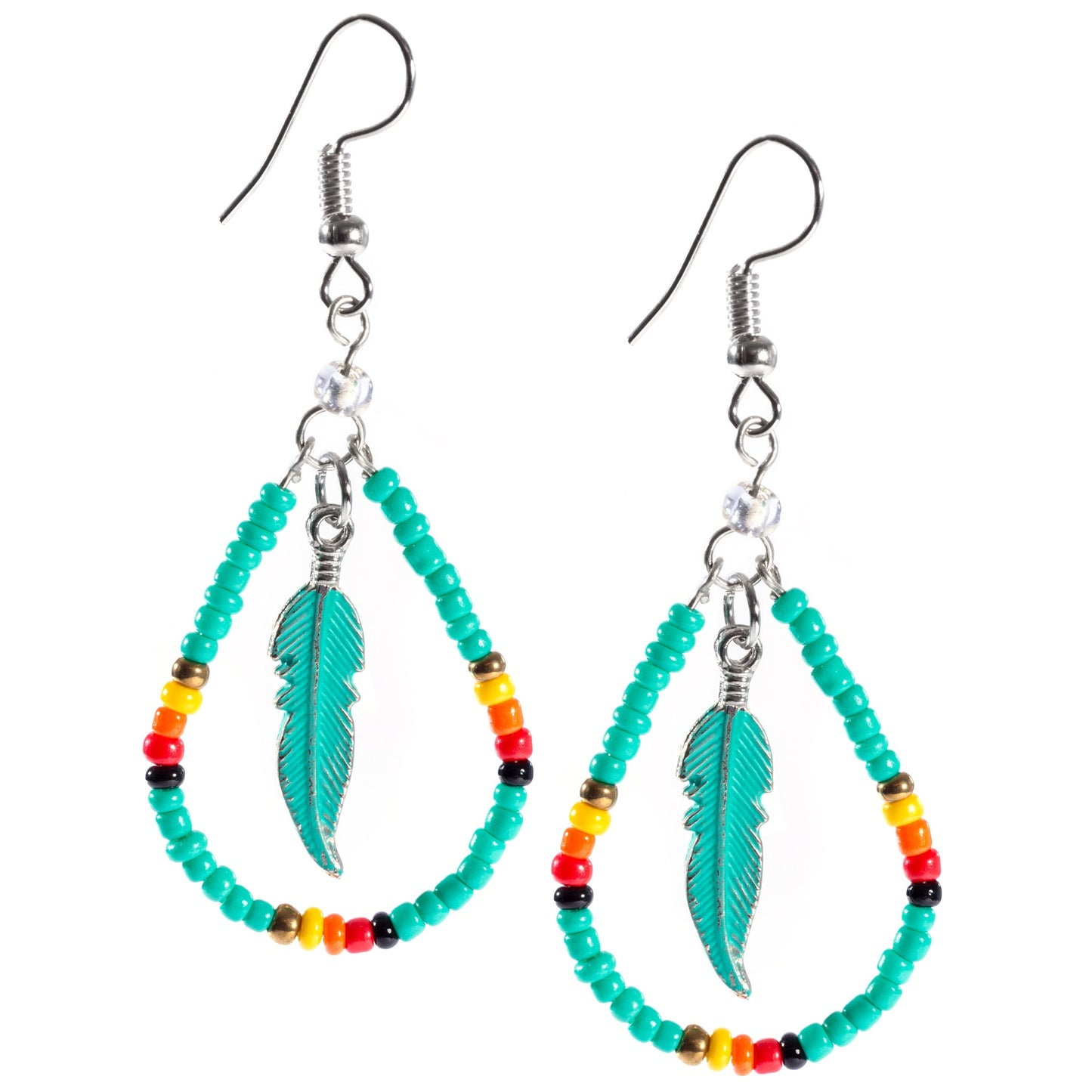 Beaded Feather Teardrop Earrings