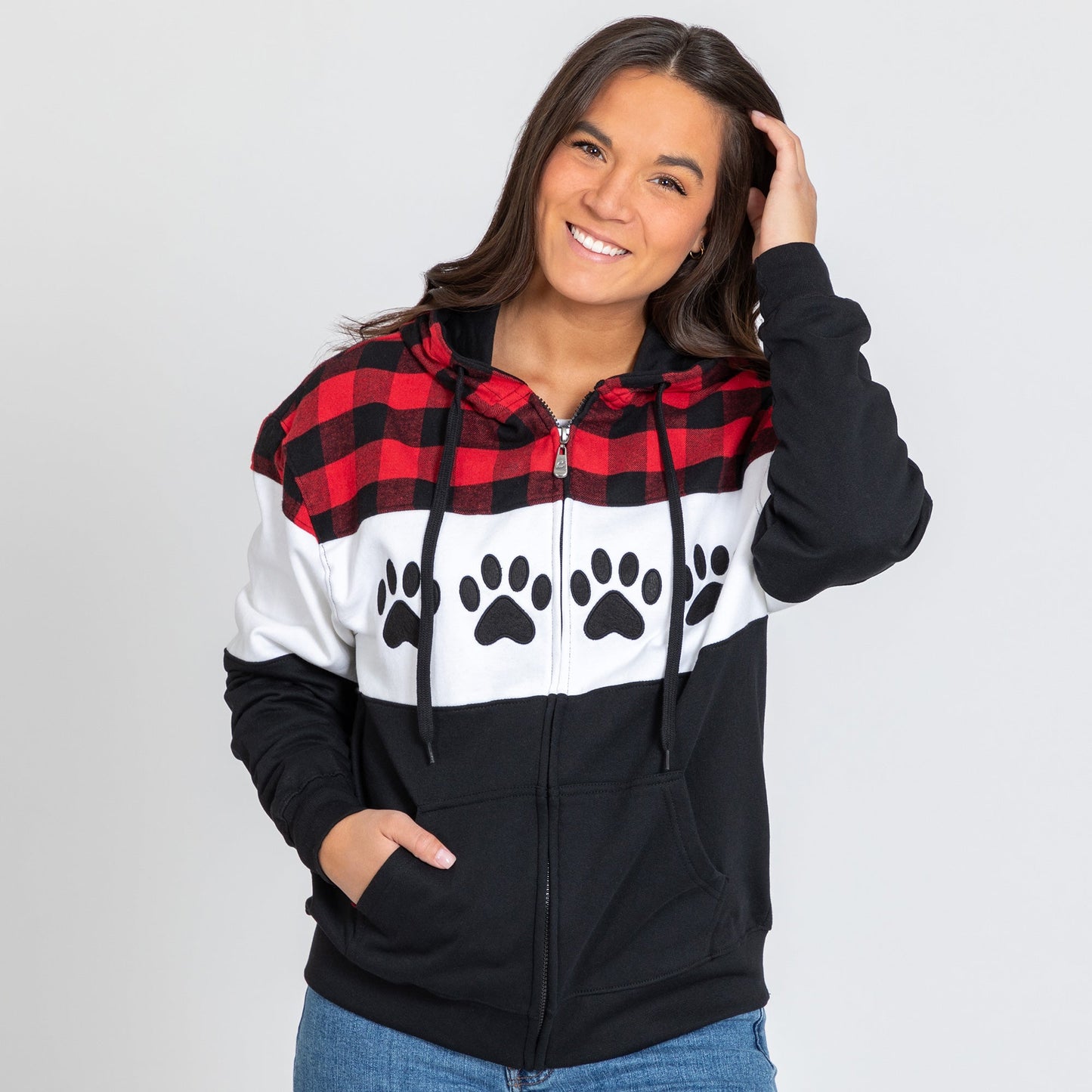 Paw Print Plaid Zip Hoodie