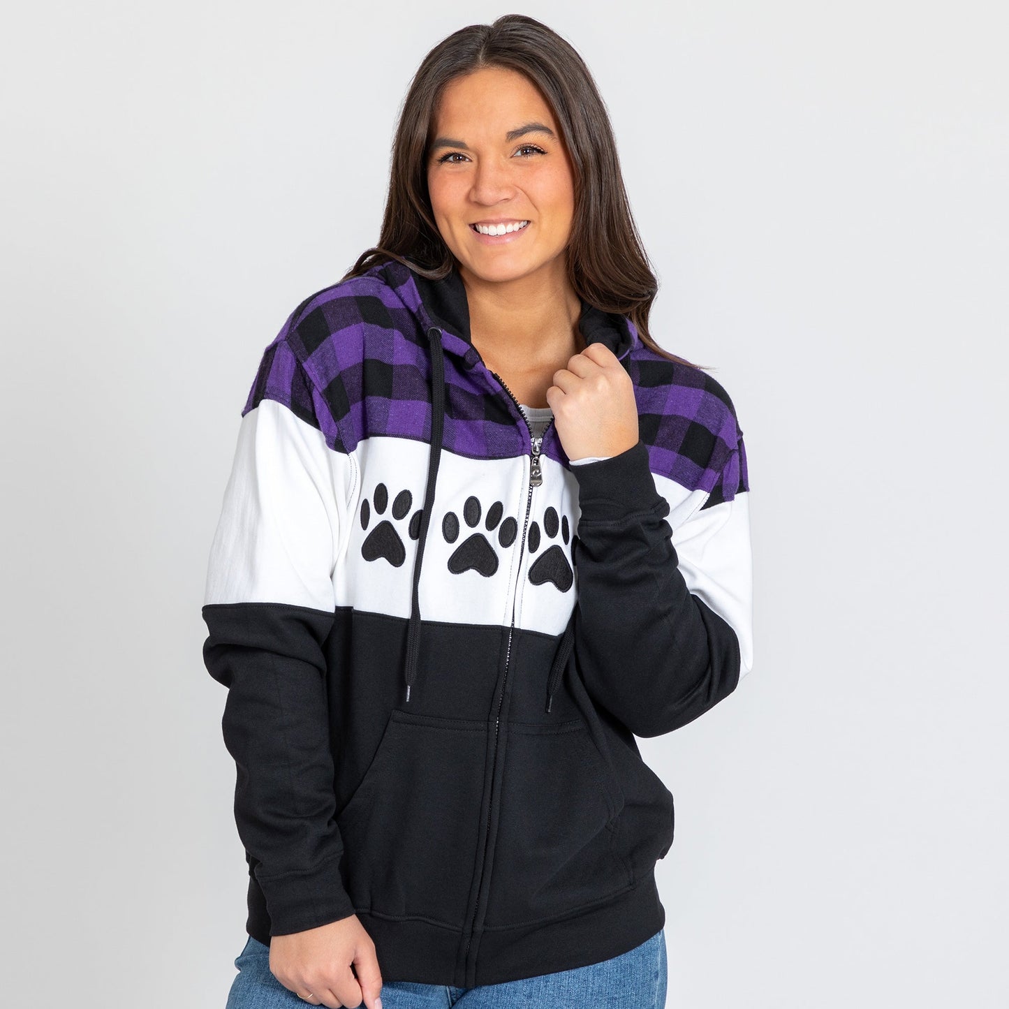 Paw Print Plaid Zip Hoodie