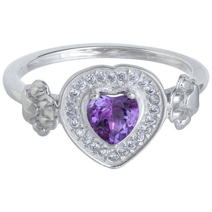 Sterling Silver & Amethyst Paw Print Heart Ring