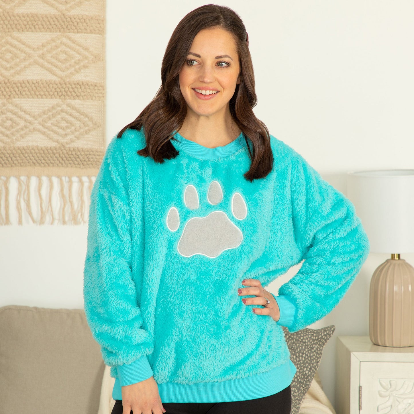 Sherpa Fleece Paw Print Crewneck Pullover