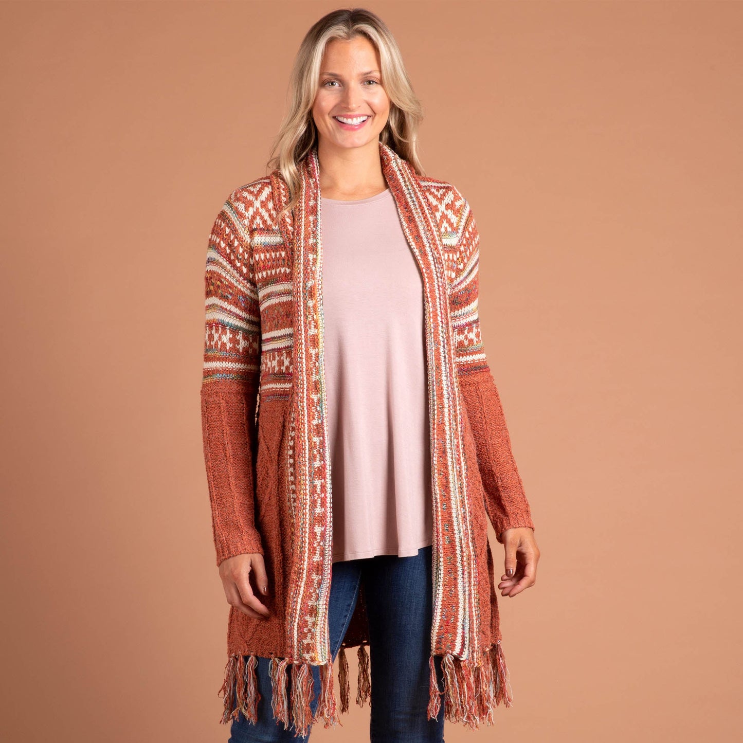 Upper Striped Duster Cardigan with Fringe