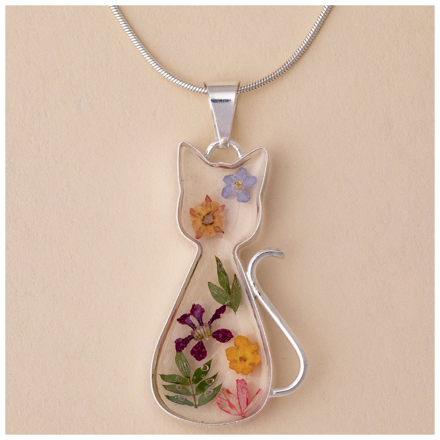 Real Flowers & Sterling Cat Necklace