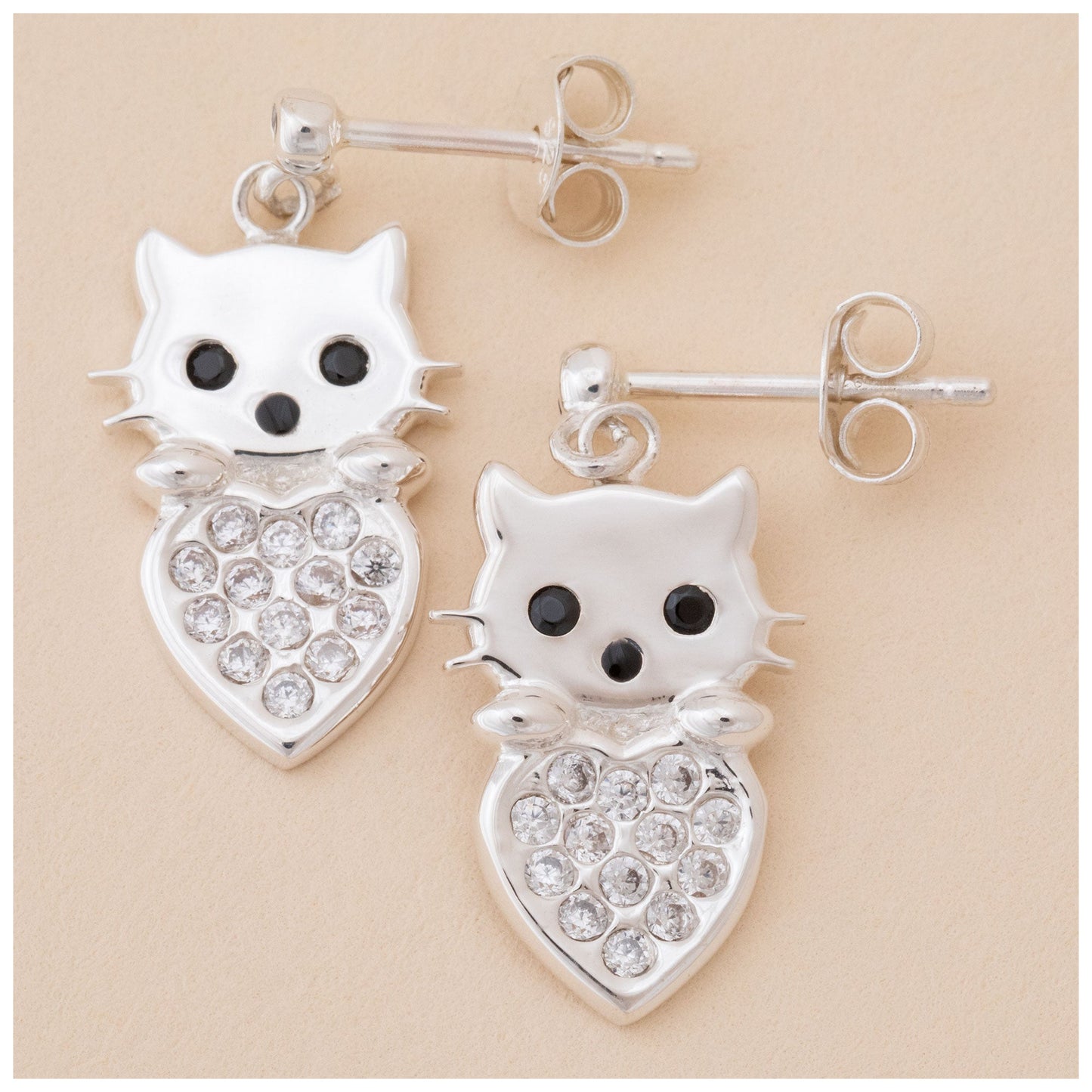 Cat & Heart Birth Month Sterling Earrings