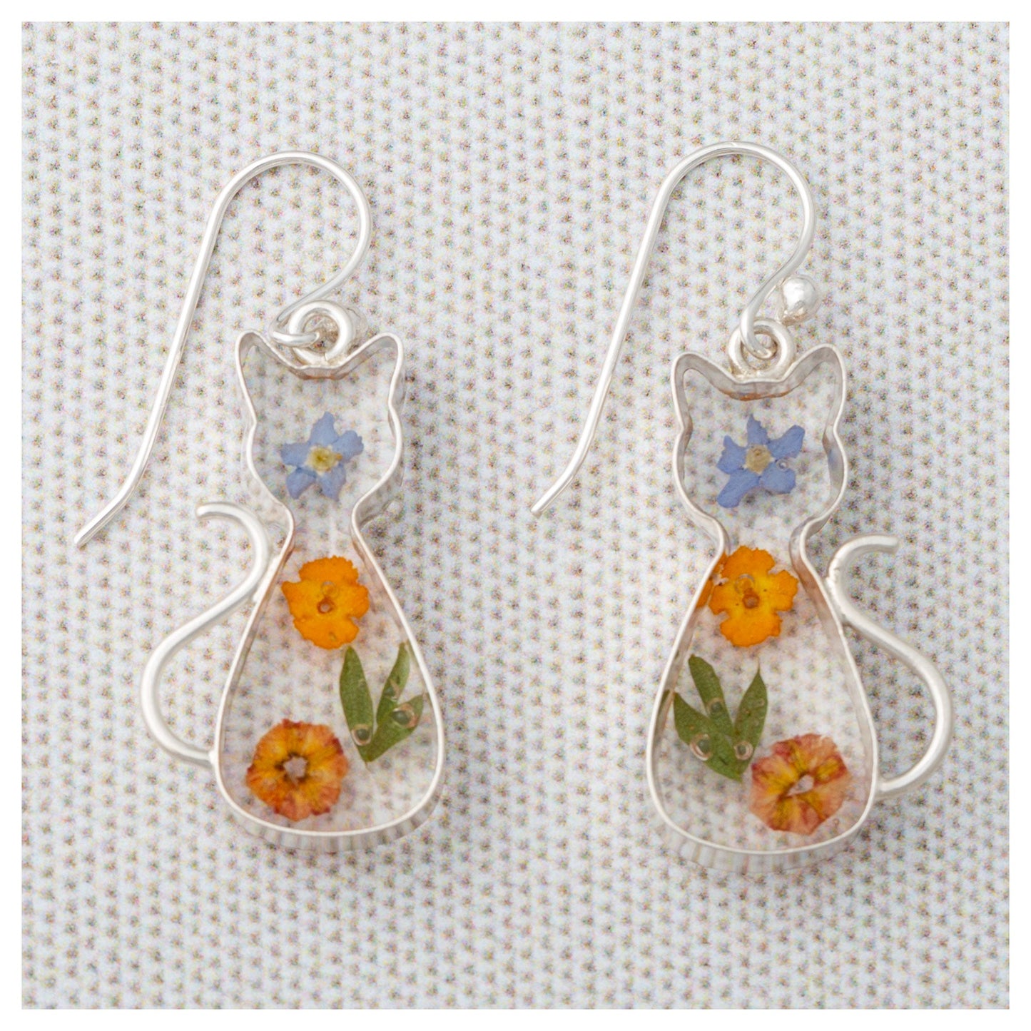 Real Flowers & Sterling Cat Earrings