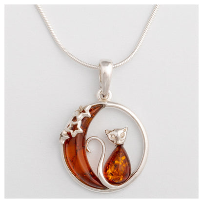 Moonlight Cat Sterling & Amber Necklace