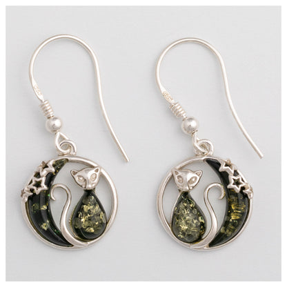 Moonlight Cat Sterling & Amber Earrings