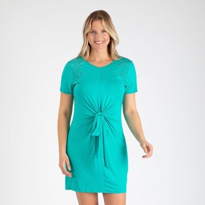 Twist Tie-Front Short Sleeve Dress with Rhinestones