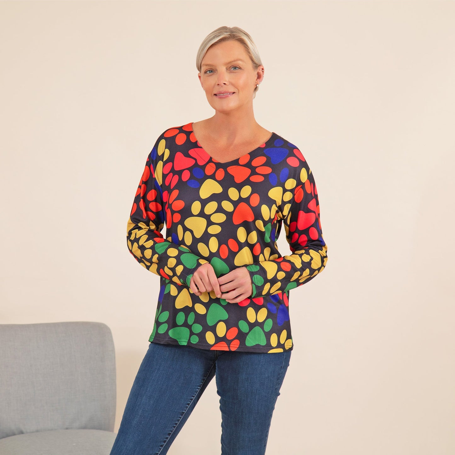 Colorful Paw Print Long Sleeve V-Neck Top