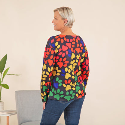 Colorful Paw Print Long Sleeve V-Neck Top