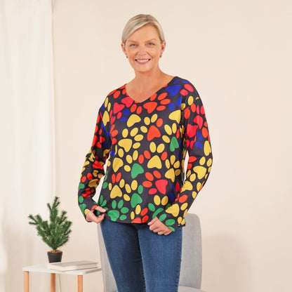 Colorful Paw Print Long Sleeve V-Neck Top