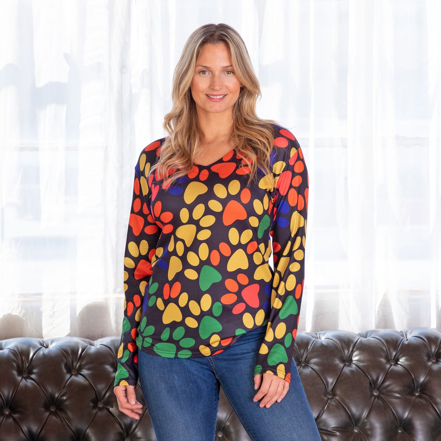 Colorful Paw Print Long Sleeve V-Neck Top