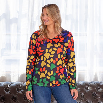 Colorful Paw Print Long Sleeve V-Neck Top