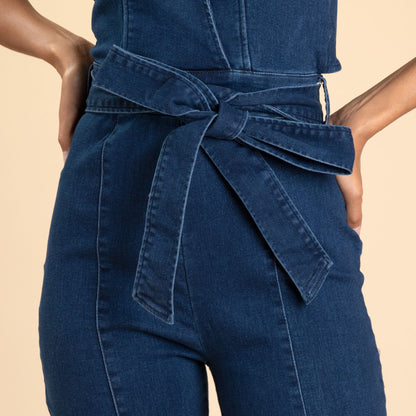 V-Neck Halter Dark Denim Jumpsuit