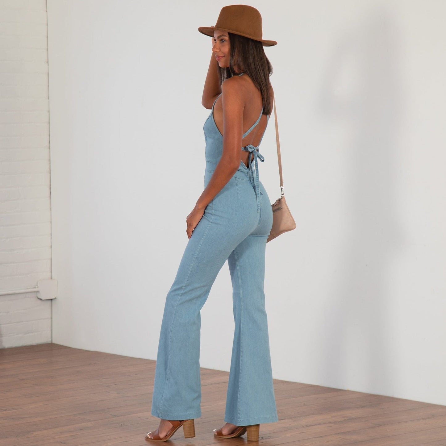 Denim Flare Leg Tie-Back Jumpsuit