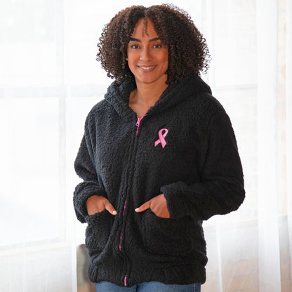 Pink Ribbon Sherpa Fleece Zip Up Hooded Jacket